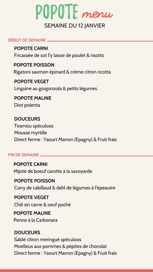 Menu de la semaine du 12 janvier